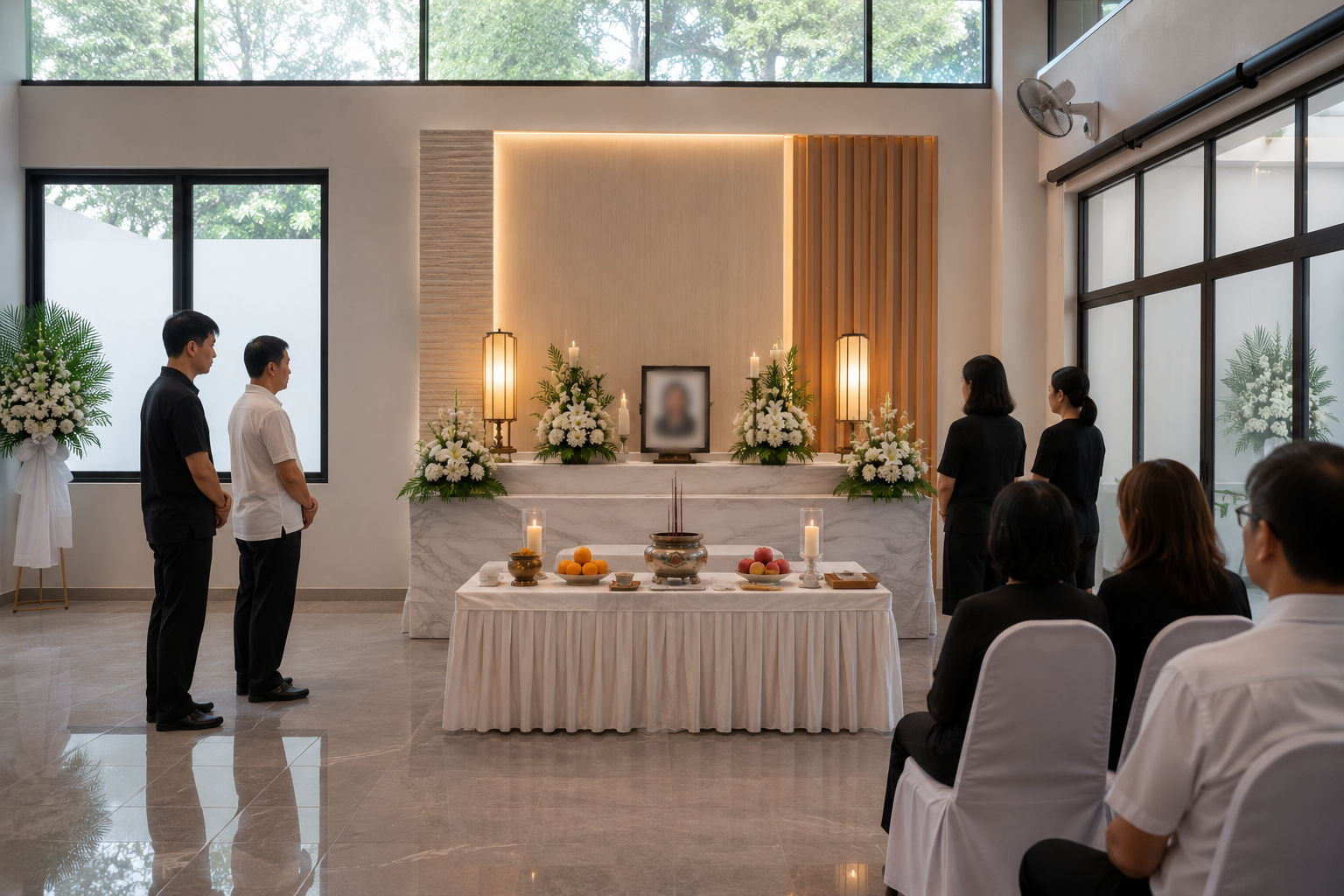Family paying respects at a Buddhist funeral